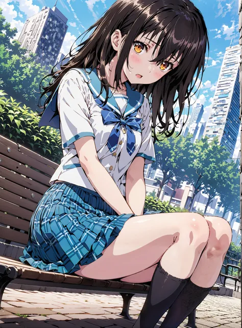 Yukina Himeragi,semi-long hair,   black hair, brown eyes, medium chest, mad at my anal,is embarrassing,blush,, skirt, bow, school uniforms, pleated skirt, sailor suit, sailor color, blue skirt,  plaid , blue bow, black high socks, is standing, bench, Soft ...