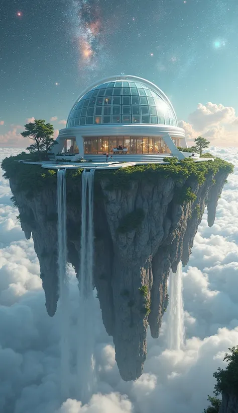 A breathtaking floating island high above the clouds, carrying a futuristic observatory house with a massive glass dome. The island is covered in lush greenery, with waterfalls that cascade into the sky and disappear into the mist below. The house itself i...