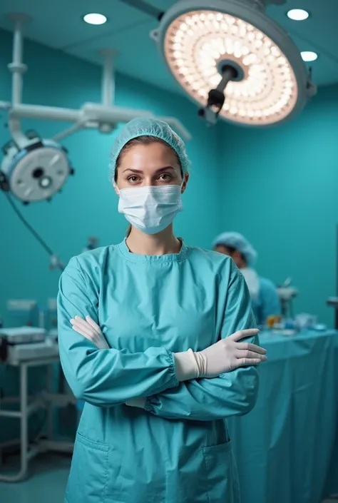 a woman in full surgical PPE attire in an operating room with skin tight surgical operating gloves on with a large bright medical light on the ceiling. She is by herself and she looks as though she is about to perform an operation. her gloves are very very...