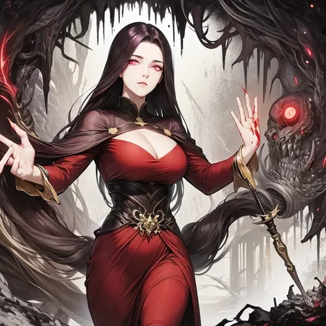 (masterpiece), best quality, expressive eyes, perfect face, girl, levitating, long red flowing hair, glowing purple eyes, wearing crimson dress, using blood magic in a ice cavern,