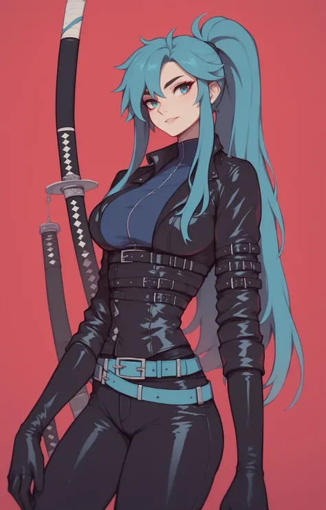 dark blue-haired woman ,  dark blue hair color , long locks on the sides and long ponytail, sky blue eyes, wear a blue blouse with a black leather jacket on top, black gloves, a blue belt, black leather pants, he wears a black mask, She has a katana around...