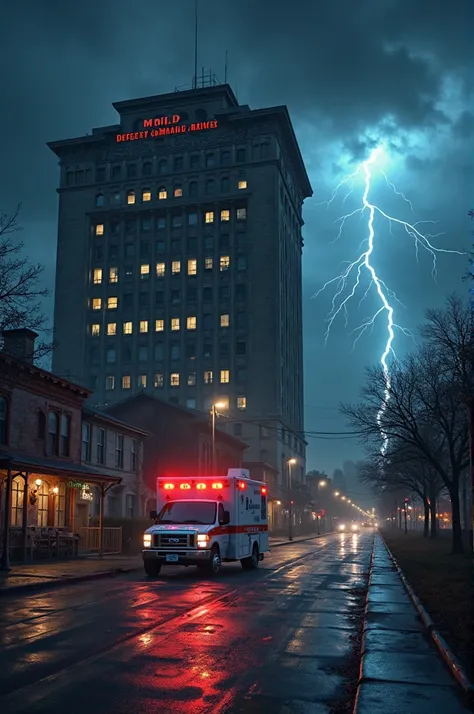 A hospital in a town and an ambulance outside it's nighttime and you can see a flash of lightning in the background