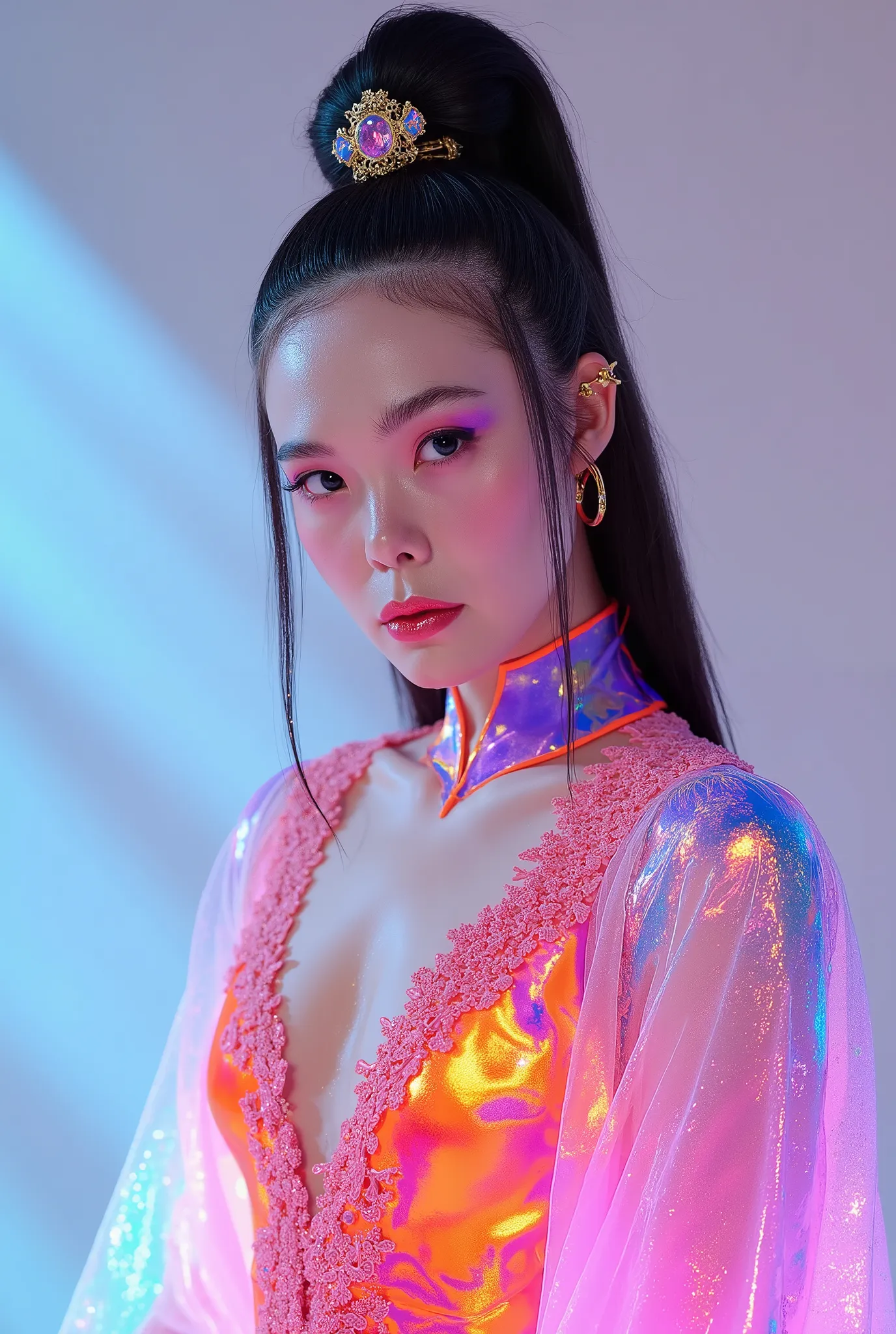 (Full Body), A luminous beauty from ancient dynasties (221 BCE - 220 CE) stands majestically against a neutral background, her vibrant white-green twotone Wuxia attire radiating an otherworldly aura. David Lachapelle's lens captures the frozen moment of he...