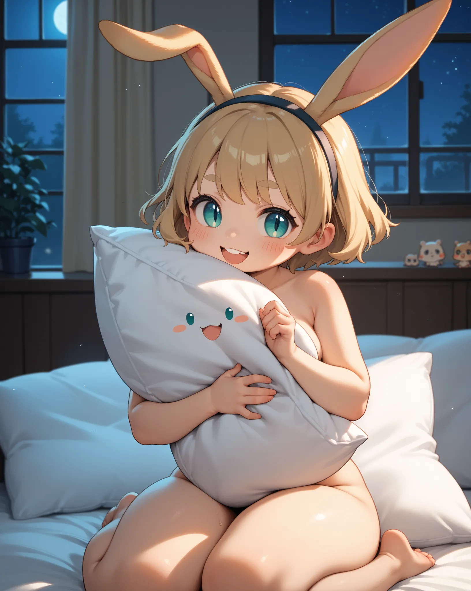 chibi anime , petit girl , round face , show off Thick thighs , naked , (heart is beating fast:0.1) , (Rodents tooth) , bold pose , out of frame , coquettish , rabbit ear , turn , night room , dim light , Slit overflowing with juice , fetish , Embrace text...