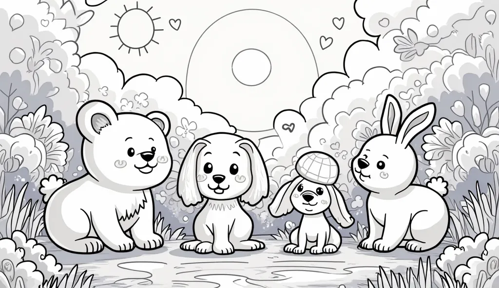 Create an illustration for a ren's coloring book intended for ages 3-5. The picture should be simple and engaging with clearly defined lines for easy coloring. It should feature charming, friendly animals such as a fluffy bear cub, a playful puppy, a chirp...