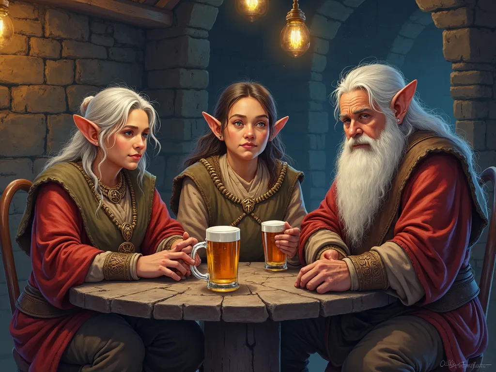 Fantasy art illustration of three dwarves, two female and one male, sitting indoors in a village tavern at night. They are siblings, wearing the clothes of common medieval stonemasons.