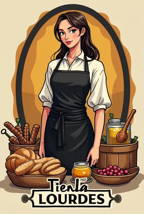 YOU CAN CREATE THE LOGO OF A STORE THAT THE NAME IS TIENDA LOURDES AND ITS REPRESENTATION IS LIKE A LADY WITH A BLACK APRON AND THAT YOU MAKE IT WITH STORE PRODUCTS SUCH AS OIL, BREAD, SOFT DRINKS, SARDINES, CHURROS, CANDIES AND OTHER THINGS