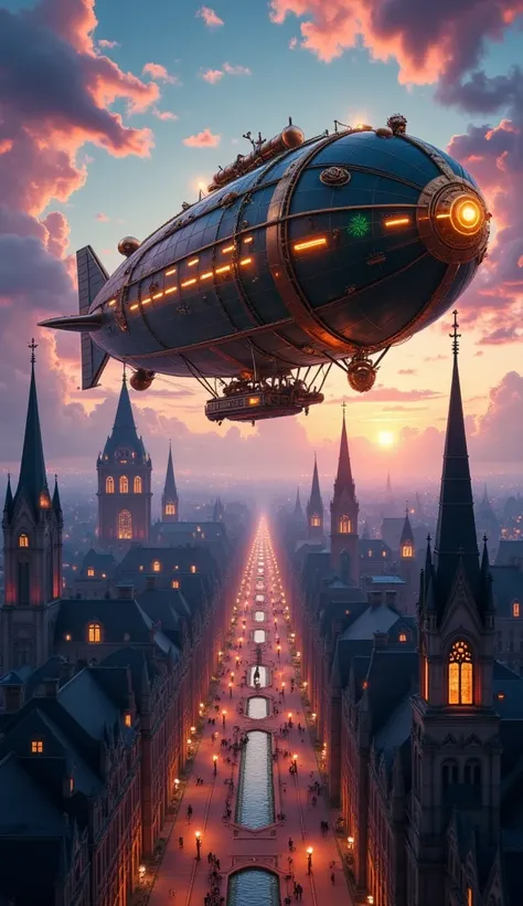 Create a detailed aerial view of a magnificent steampunk zeppelin gliding over a gothic city. The zeppelin, crafted from aged bronze with intricate gears and steam-powered machinery, glows subtly with ambient neon highlights in hues of copper and emerald. ...