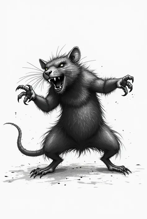 Rat drawn with a pen in black and white sketch style dark black without background and the rat is attacking in profile 