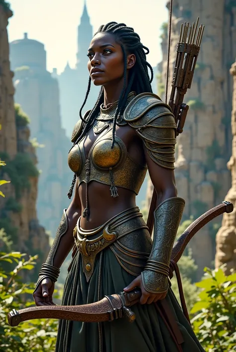 Female sexy African warrior marvel photo realistic full body full body crossbow medieval decor seen from afar 