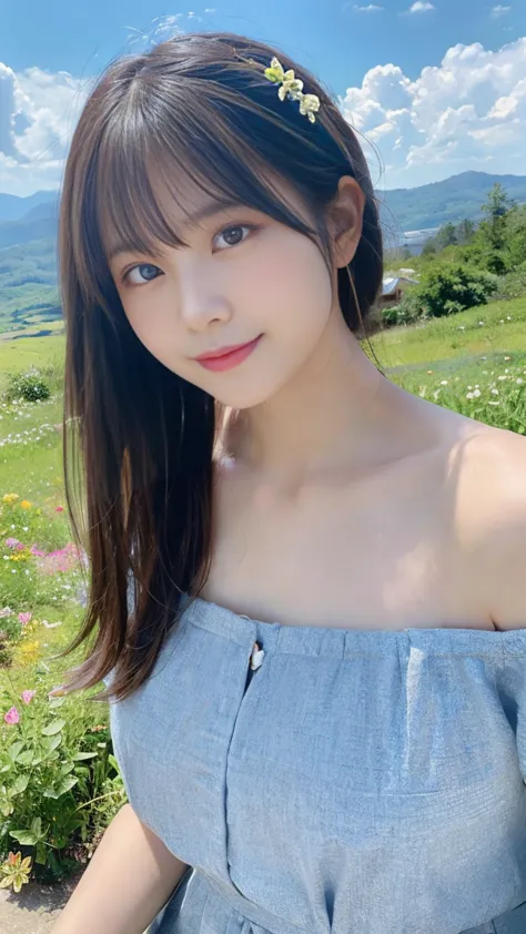 prompt: Delicate, Her heartfelt perfect face and light smile、I'm standing in front of a summer morning landscape on a lush plateau. You can see a sea of clouds in the background. Her medium brown hair with short bangs、She sways gracefully in the soft light...