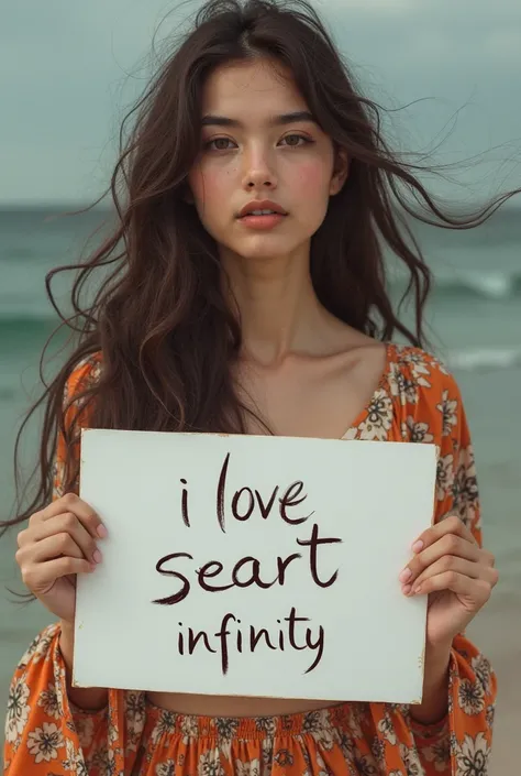 Beautiful girl with long wavy hair, bohemian dress, holding a white board with text " I Love Seaart Infinity " y showing it to the spectator