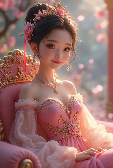 closeup of doll sitting in pink chair, Portrait of a Princess, Beautiful Princess,  Princess Girl ,  A Beautiful Female Princess ,  adorable tired princess wearing ancient Chinese clothes , princess portrait,  Disney animation style ,  Artificial Intellige...