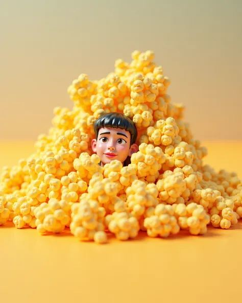 Pile of popcorn with only a male face barely emerging 