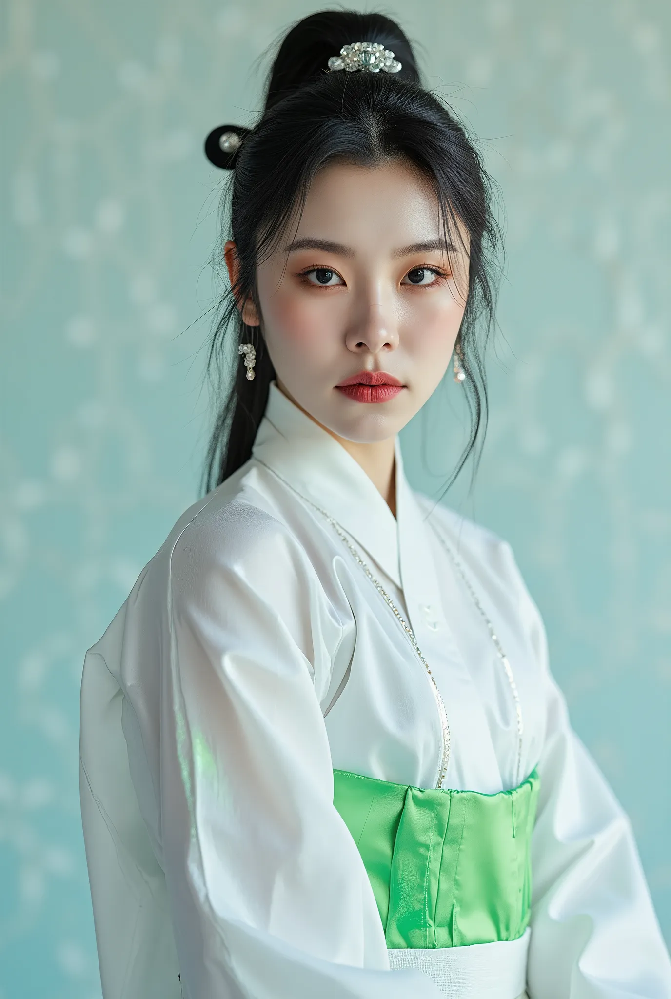 (Full Body), A luminous Korean beauty from ancient dynasties (221 BCE - 220 CE) stands majestically against a neutral background, her vibrant white-green twotone Wuxia attire radiating an otherworldly aura. David Lachapelle's lens captures the frozen momen...