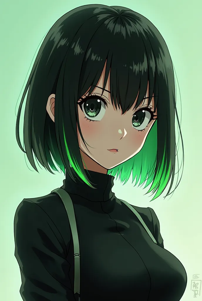 Screenshot of My Hero Academy.
Girl with short straight hair, color black with green tufts ,  black eyes,  has a serious expression ,  wearing a black dress 