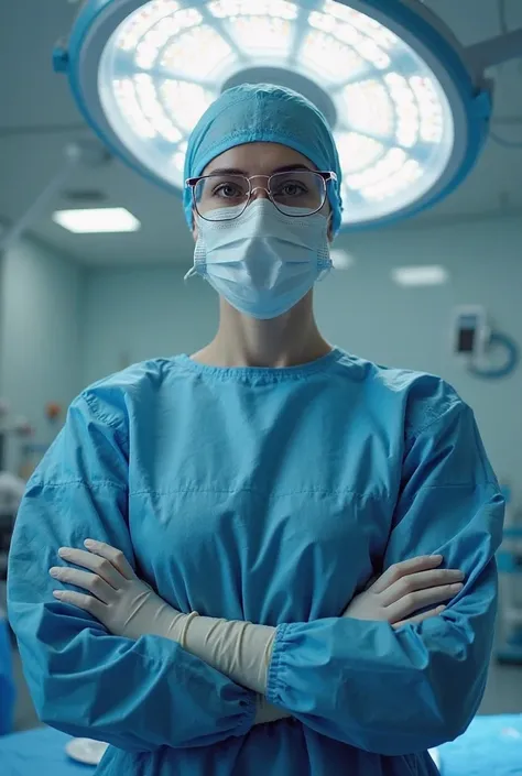 a woman in full surgical PPE attire in an operating room with skin tight surgical operating gloves on with a large bright medical light on the ceiling. She is by herself and she looks as though she is about to perform an operation. her gloves are very very...