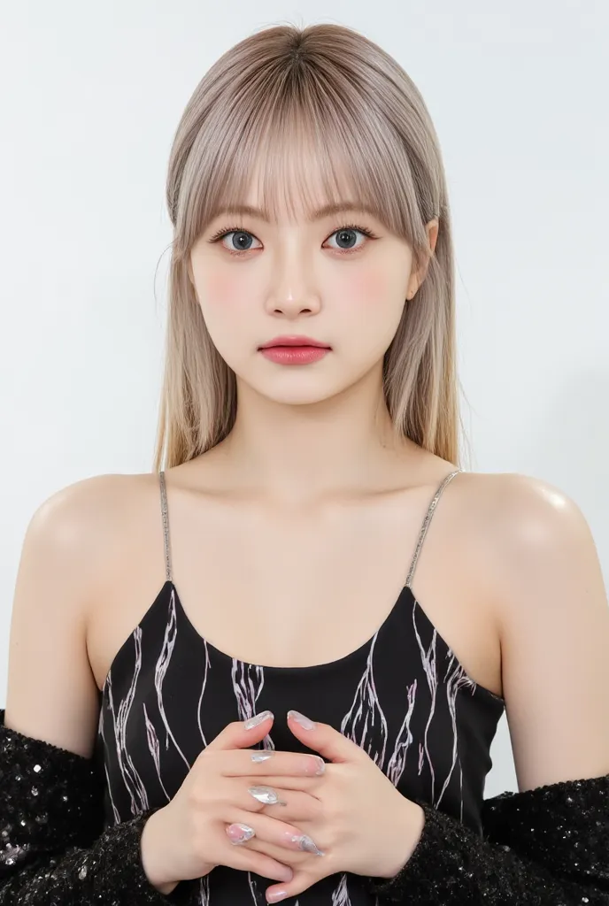 This is a photograph of a young asian woman with a light skin tone and straight, shoulder-length blonde hair with bangs. She is standing against a pastel white background. The woman is dressed in a black, sleeveless dress with a subtle, abstract pattern of...