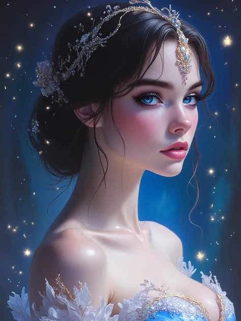 oil painting hyperrealistic fantasy, Beautiful 25-year-old Russian woman with Russian features, jet black hair, sapphire blue eyes, bright pink lip gloss, white skin de porcelana como muñeca, pink cheeks, Dark,  golden glow , hyperrealistic digital art. 4k...