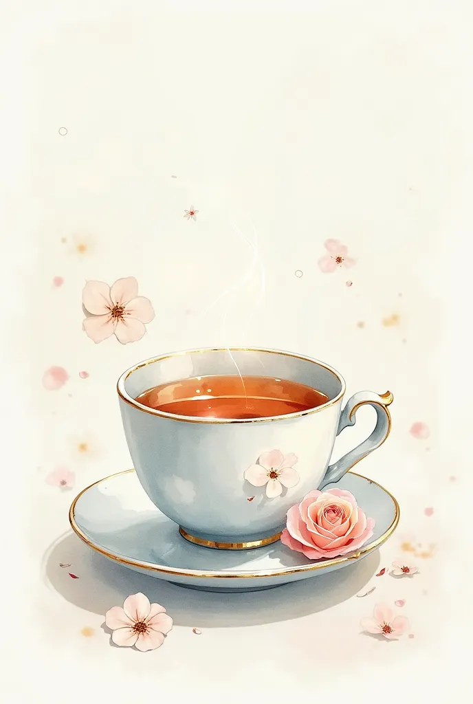 Drawing of a cup with saucer and liquid in watercolor rose