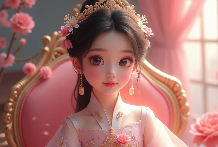 closeup of doll sitting in pink chair, Portrait of a Princess, Beautiful Princess,  Princess Girl ,  A Beautiful Female Princess ,  adorable tired princess wearing ancient Chinese clothes ,  Disney animation style ,  Smiling as a Fairy Queen, Anime Princes...