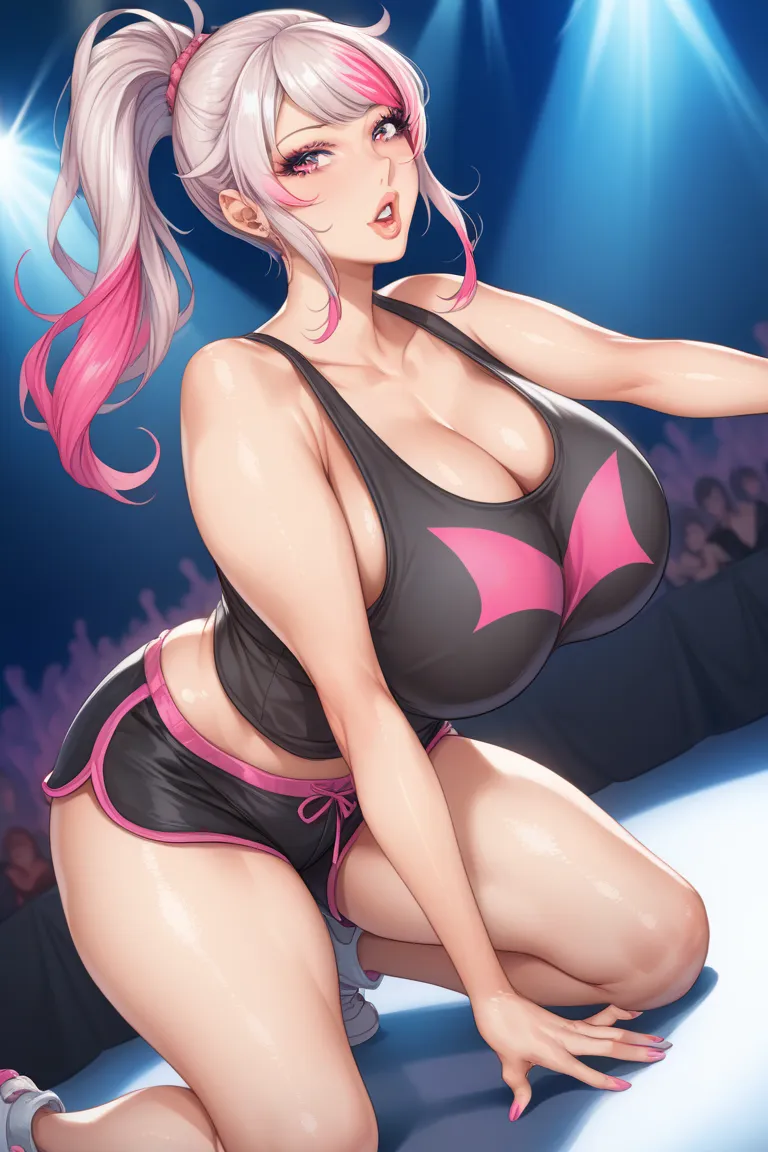 1 girl, long pale pink ponytail hair, dark pink highlights, extremely gigantic breasts, kneeling, top dawn, pink string tank top, black sports shorts, leags apart, show stage