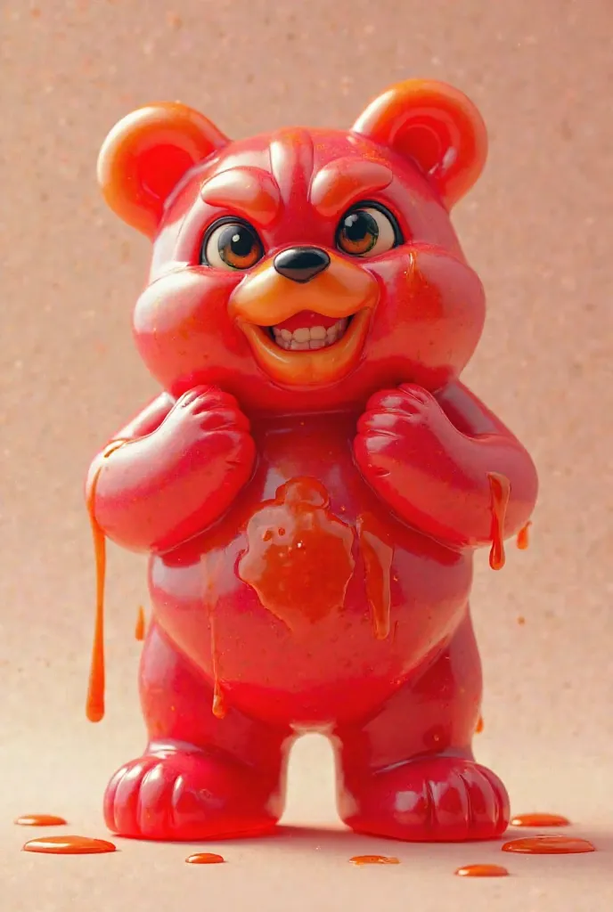 An angry red gummy bear
Cheered up and angrier not so excited that I have chamoy dripping through his body 