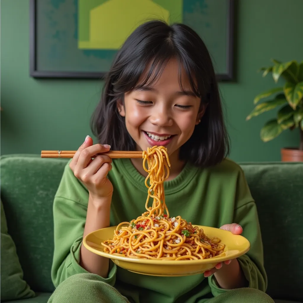 photo of a stylish joyful girl in green clothes with a realistic human face sitting on a green sofa in a stylish green room and smells beautiful noodles on a yellow plate in anticipation, she has detailed hands with human fingers, in the background, a gree...