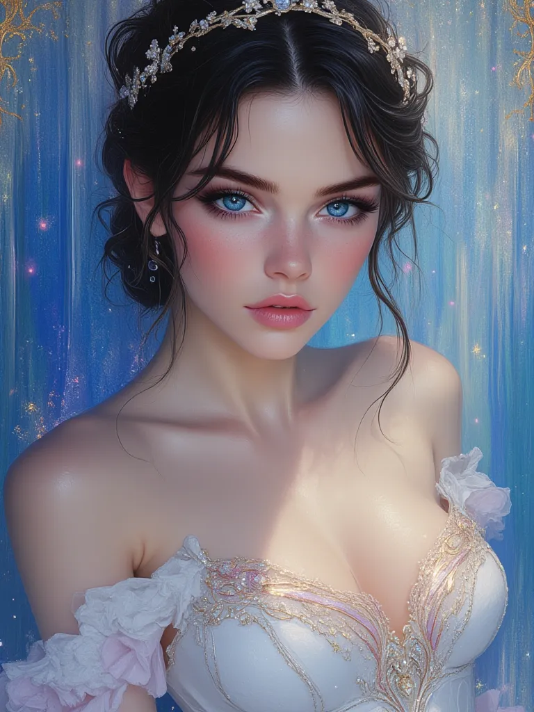 oil painting hyperrealistic fantasy, beautiful 25-year-old Russian WOMAN with Russian features, jet black hair, sapphire blue eyes, bright pink lip gloss, white skin de porcelana como muñeca, pink cheeks, Dark,  golden glow , hyperrealistic digital art. 4k...