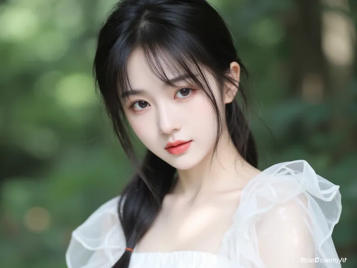 kpop girl, korean and Chinese, soft black hair, gorgeous, 19 years old, stunning, perfect visual, unique and porcelain like visual, dewy look, visual like a doll, hair in a low side ponytail , realistic, plump lips, fits Korean beauty standards 100 percent...