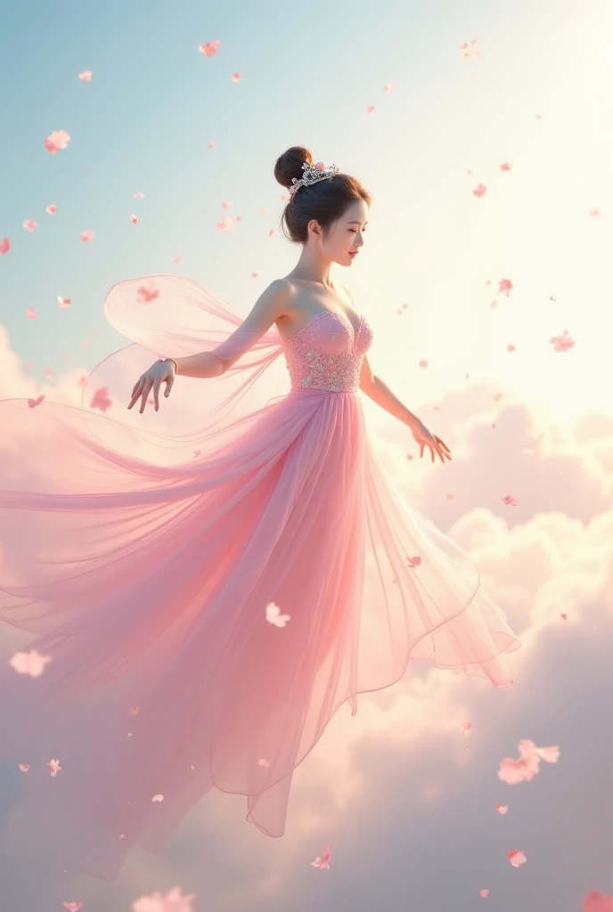 a chinese flying fairy. dressed in pink. flying through the clouds