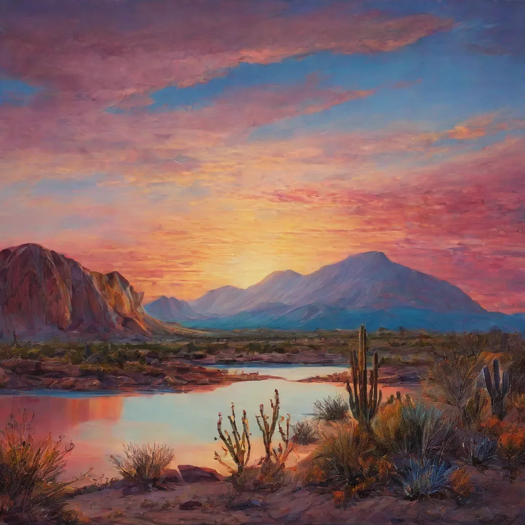 Acrylic painting of a picturesque lake in a desert, enveloped in the soft glow of sunset. The sky erupts in blue and purple hues, while cacti and rocky mountains frame the horizon. The tranquil water reflects this stunning palette, creating a peaceful oasi...