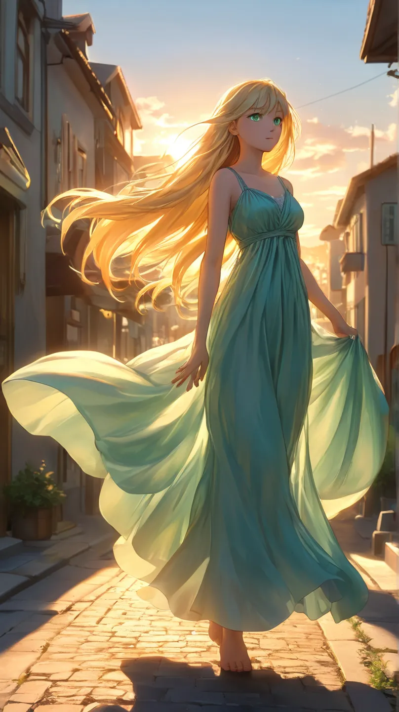  anime girl t-shirt, long blond hair, green eyes with a determined look, She's wearing a sky blue dress, It stands next to the street in a small town, Extends his hand forward 