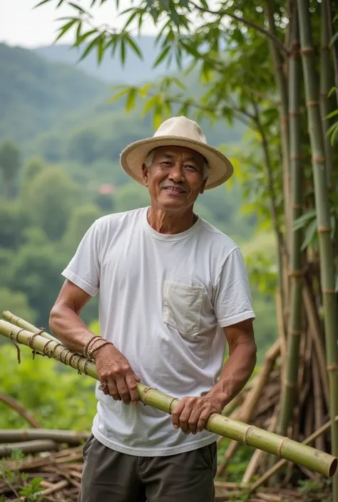 (natural image) the object is taken from a 50 meter distance from the camera;  a handsome traditional Indonesian farmer, 40 years old, well-built, muscular body, slim stomach, good looking, short white hair, wear white casual t-shirt, white hat, he  is spl...