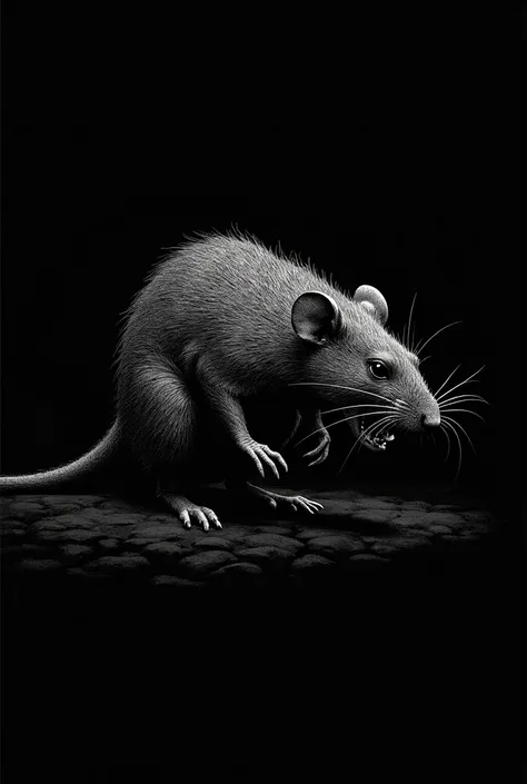 Rat in black pointillism illustration sketch style dark black without background and the rat is attacking in profile 