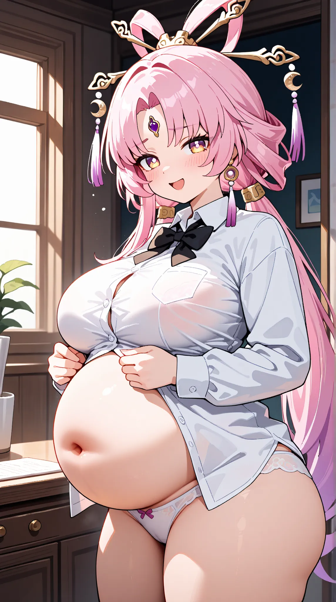 
1girl, solo, long hair, looking at viewer, blush,  yellow eyes, pink hair, large breasts,thick thighs, parted bangs, low twintails, forehead jewel, bow-shaped hair, fu xuan (honkai: star rail), cowboy shots,indoors,white underwear ,chubby,laughing,white s...