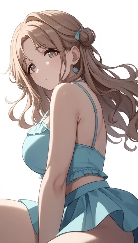 Ichikawa Hina、long hair,  dumpling on one side,  (simple solid color camisole、 from below)、simple background、 thighs、expressionless、( dignified expression)、 from side、light blue、earrings