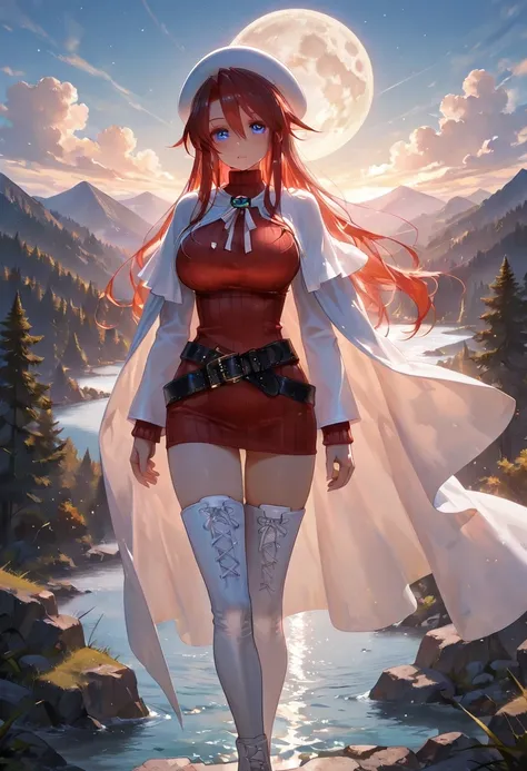 detailed background, masterpiece, top quality, landscape, Mountain, river, forest,  moon, day, cloud、score_9, score_8_up, score_7_up, Atti、非常にlong hair、 red hair、blue eyes、big breasts、 White Beret、Hair between the eyes、 thigh high socks、White footwear、belt...