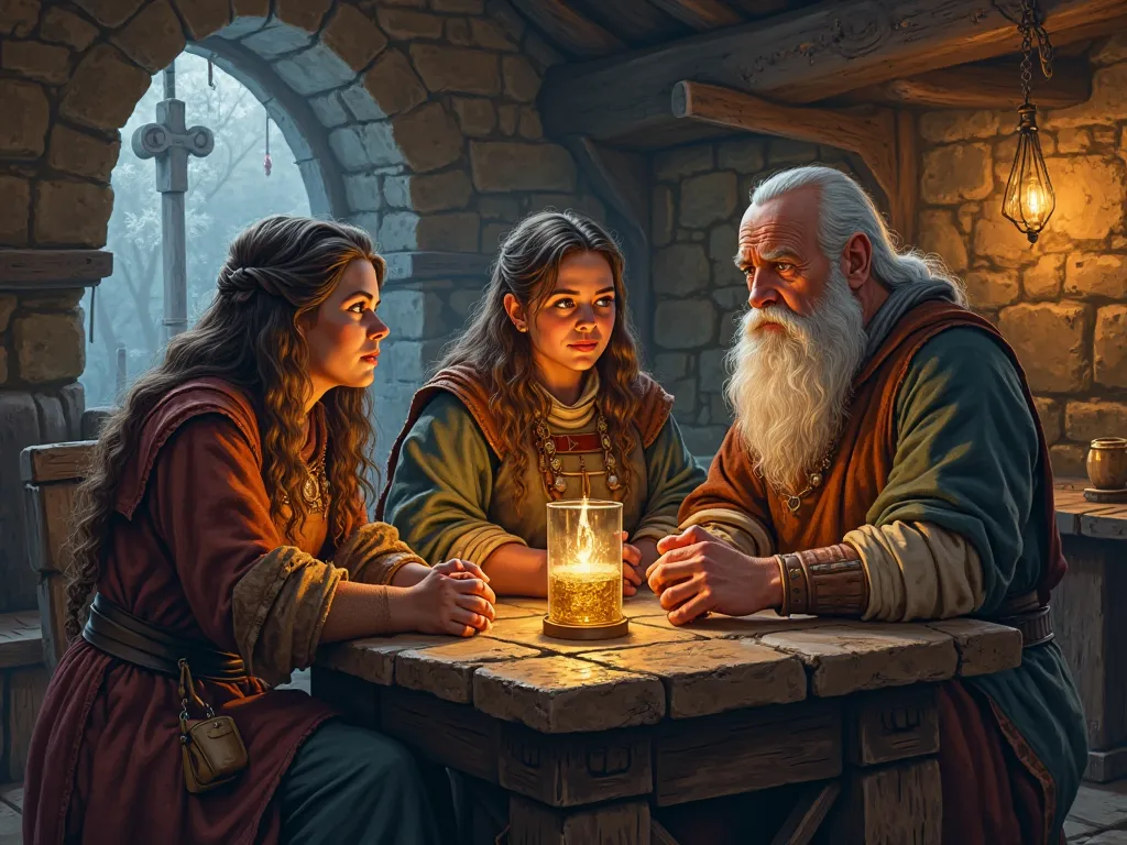 Fantasy art illustration of two female dwarves and one male dwarf, sitting indoors in a village tavern at night. They are siblings, middle-aged, wearing the clothes of common medieval stonemasons.