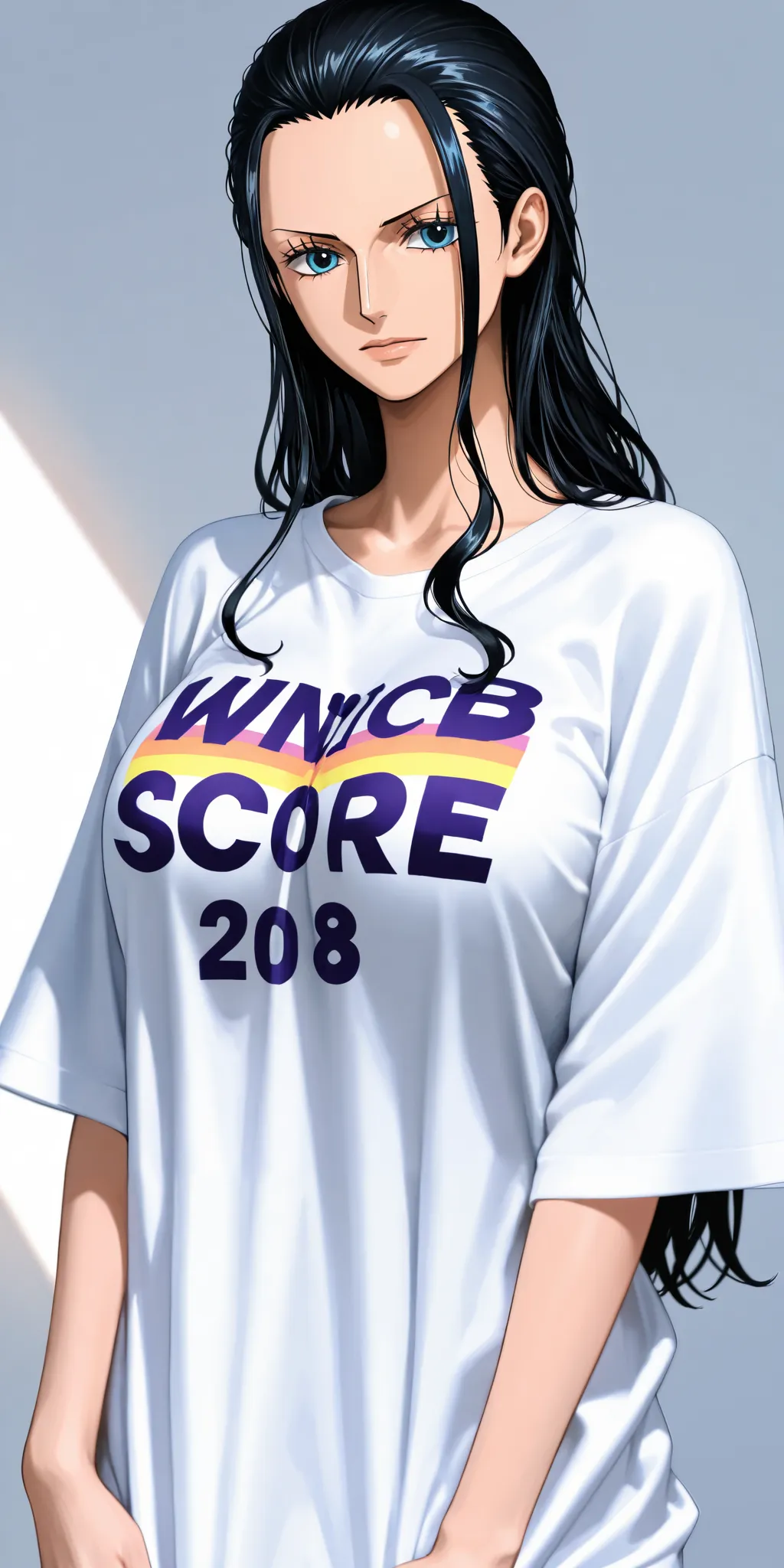 masterpiece, high score, great score, absurdres, close-up, beautiful woman, Nico Robin, one piece, black hair, long hair, hair slicked back, beautiful blue eyes, oversized t-shirt, simple background, vivid colors, volumetric lighting, soft lighting, front ...