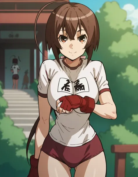 score_9, score_8_up, score_7_up, source_anime, musubi, musubi, brown hair, long hair, brown eyes, ahoge, low-tied ponytail, large breasts, gloves, outdoors, shrine, smile, looking at viewer, solo,　gym uniform, bare thighs, short sleeves,