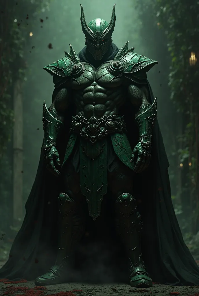 a villain with a strong and bulky mask and armor and very dark green 