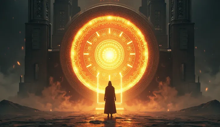 A large, ancient portal inscribed with cryptic runes and sacred symbols glows in the background. A silhouetted figure stands before it, stepping forward into an unknown mystical realm. The atmosphere is filled with floating cosmic symbols and divine energy...