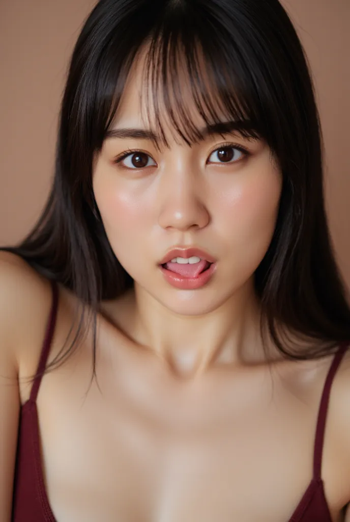 the upper body of an amazing 20 year old woman with a beautiful body、very straight dark hair、 she's an idol、cute woman is sitting wide、sticking out the tongue、 waiting for her tongue 、Plump Lips、 nudes、The chest is in the frame、1 girl、staring at the camera...