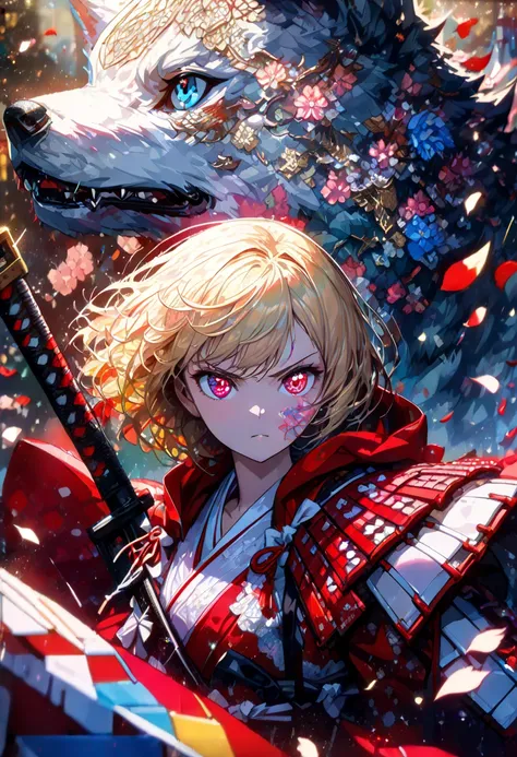 (((cute girl with hunting rifle, little red riding hood samurai, blonde, short hair, Japanese armor, serious face, wolf, in battle, dynamic))), ((high resolution, ultra high resolution, kaleidoscopic image, symmetrical pattern, vibrant colors, geometric sh...