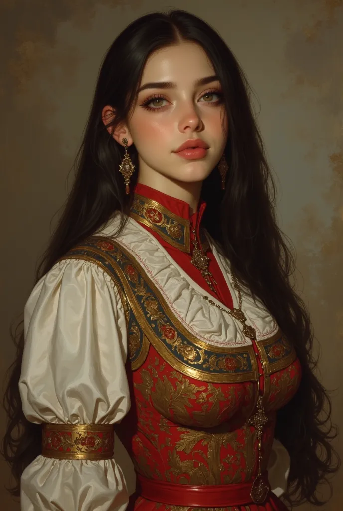 A painting drawn in the style of Raphael, a gorgeous 38 year-old russian woman with green eyes and long silky black hair, high cheekbones, small comissures wrinkles, sweet smile, large breasts, dressed in a russian folkloric attire.