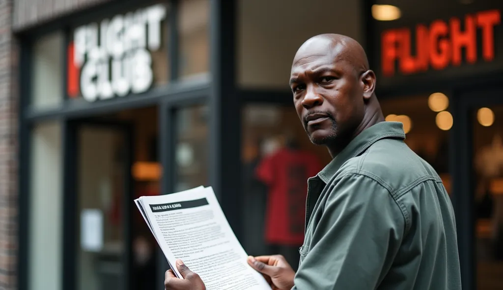 The photo was taken outside a Flight Club sports shoe store, with the store's logo clearly visible at the entrance. In the foreground, slightly to the left, is a portrait of Michael Jordan. His body is facing the camera, with his shoulders perpendicular to...