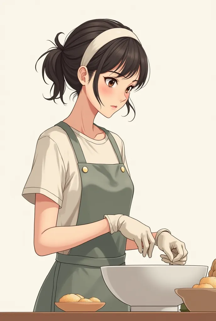 create an image of a  girl young lady in her early twenties, with her hair tied up with a headband at the back of her head, wearing an apron and gloves, looking very plain. anime style