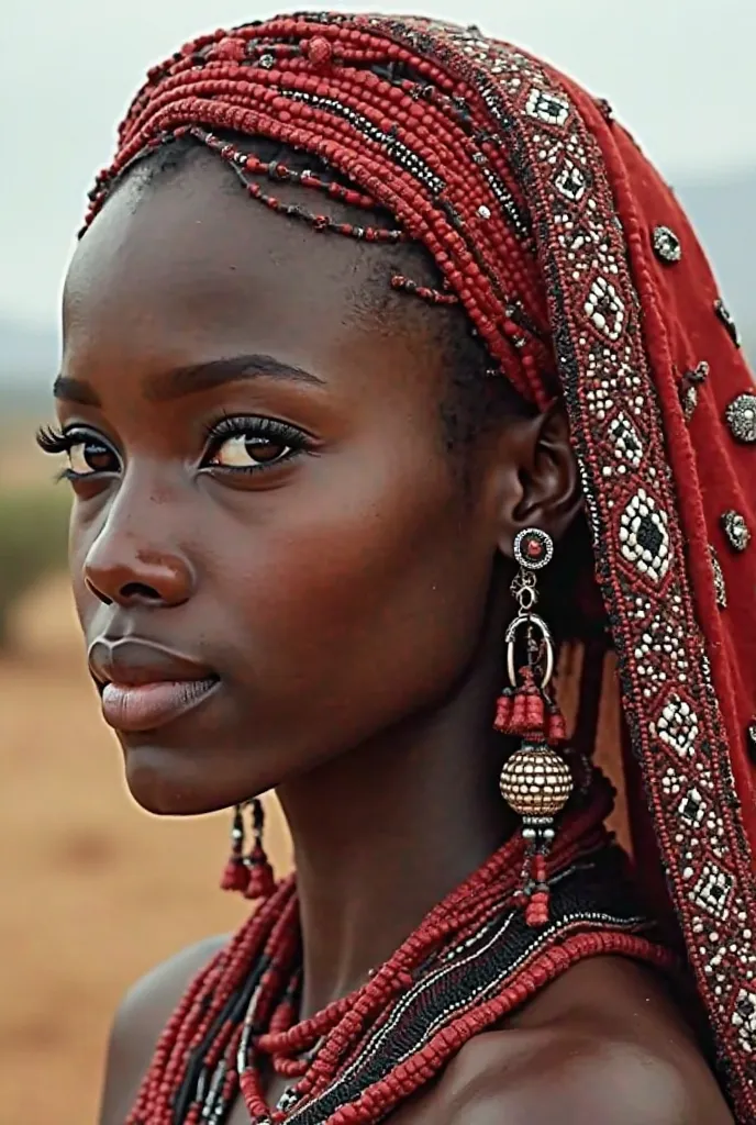 "realistic illustration A beautiful African woman wearing natural makeup wearing a delicate traditional veil of red beads, black and white , with intricate patterns the background is blurred from an African landscape 