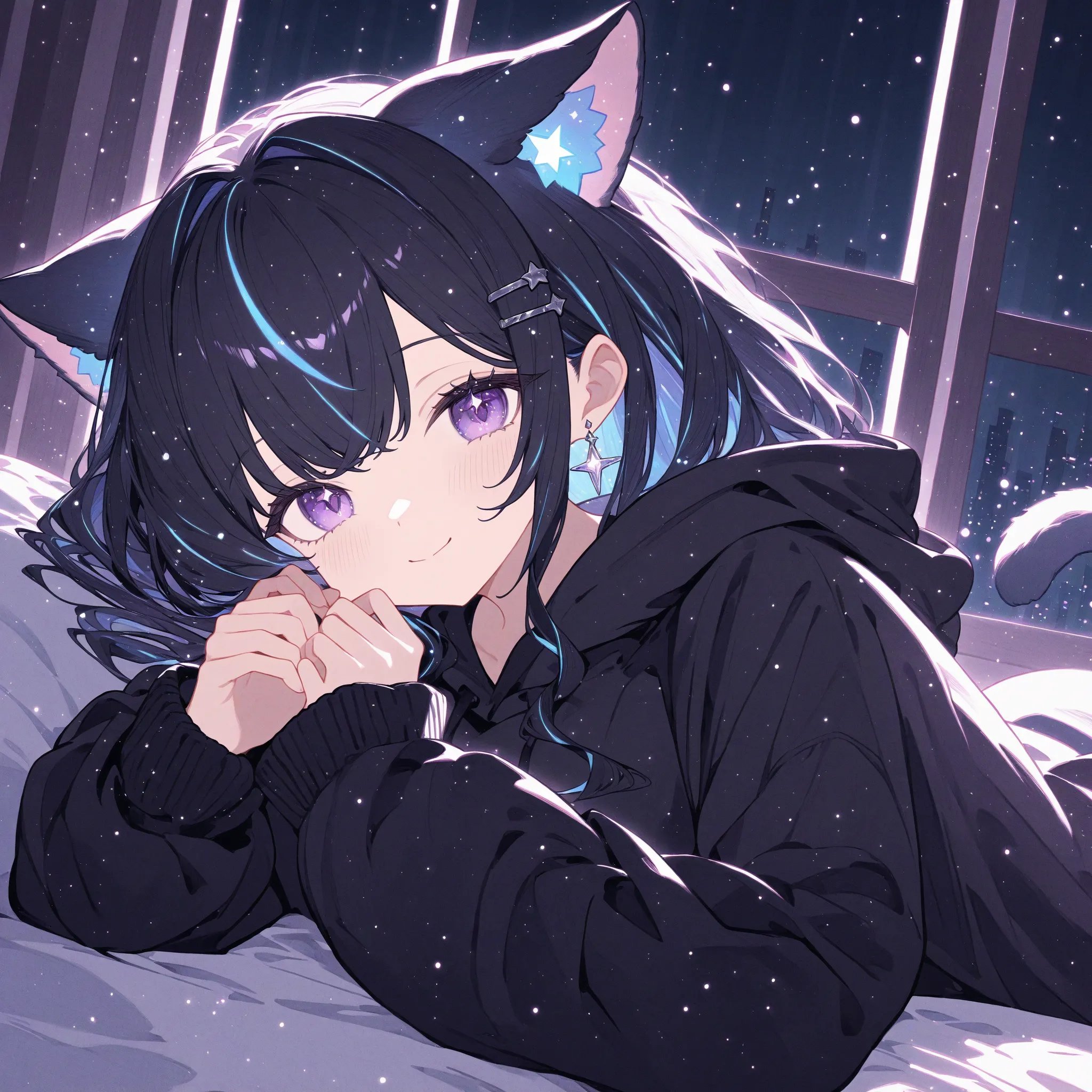 "A cozy anime-style illustration of a cute catgirl with long, wavy black hair with subtle blue highlights. She has sparkling purple eyes, a gentle smile, and a soft blush on her cheeks. She wears a black oversized hoodie with attached cat ears, giving her ...